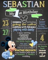 Image 1 of Baby Mickey Mouse themed Birthday Chalkboard- mickey mouse clubhouse, light blue, green, yellow