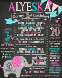 Little Elephant themed Birthday Chalkboard- elephant, pink, gray, teal, hearts, polka-dots, banner