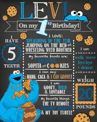 Image 1 of Cookie Monster Birthday Chalkboard- cookie, monster, blue, tan, chocolate chip, party, keepsake 