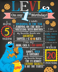 Image 2 of Cookie Monster Birthday Chalkboard- cookie, monster, blue, tan, chocolate chip, party, keepsake 