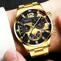 Image 5 of 4pcs Luxury Men Business Quartz Watch Gold Alloy Roman with Calendar Wrist Watch Cross Necklace Brac