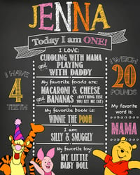 Image 1 of Winnie the Pooh and Friends Birthday Chalkboard- Pooh, Piglet, Tigger, pink, orange, yellow