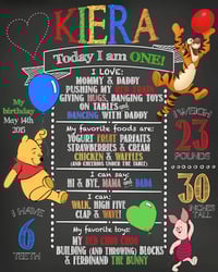 Image 1 of Winnie the Pooh Birthday Chalkboard- Pooh, Tigger, Piglet, balloons red, yellow, pink