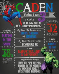 Image 1 of Superhero Birthday Chalkboard- heroes, spiderman, the hulk, ironman, captain america, batman, red