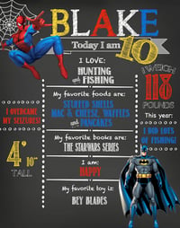 Image 3 of Superhero Birthday Chalkboard- heroes, spiderman, the hulk, ironman, captain america, batman, red