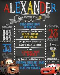 Image 1 of Cars Birthday Chalkboard- Lightning McQueen, Mater, The King, cars, blue, red, yellow