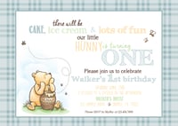 Classic Winnie the Pooh Birthday invitation- Pooh, vintage, bear, Hunny, bees, mint, blue, yellow