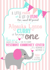 Little Elephant Birthday Invitation- elephant, pink, gray, teal, hearts, stripes