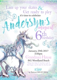 Ice Skating Unicorn Birthday invitation-  ice skating, unicorn, pastels, watercolor, sparkle, magic