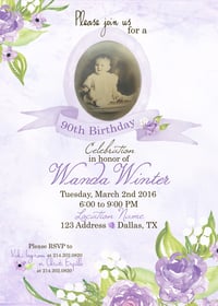 Image 1 of 90th Birthday Invitation- floral, watercolor, flowers, lavender, pink, yellow, sage