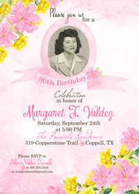 Image 2 of 90th Birthday Invitation- floral, watercolor, flowers, lavender, pink, yellow, sage