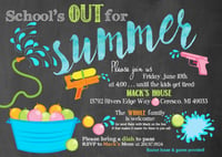 School's Out For Summer Invitation- chalkboard, water balloons, splash, water guns, blue, orange 