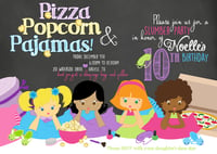 Slumber Party Birthday Invitation- chalkboard, sleep-over, popcorn, pizza, movie, pigtails, girls
