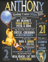 Image 1 of Classic Winnie the Pooh themed Birthday Chalkboard- Pooh, bees, balloon, honey, bleu, yellow