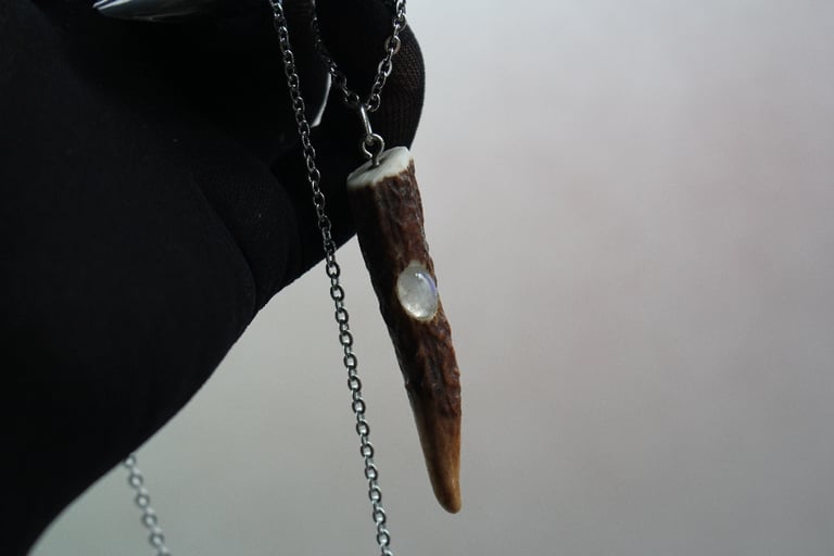 dead good antler and moonstone pendant on long chain