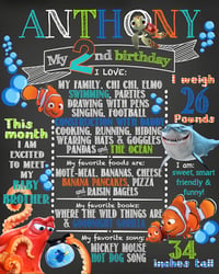 Finding Nemo Birthday Chalkboard- Nemo, Marlin, Hank, Dory, Bruce, blue, turquoise, orange, keepsake