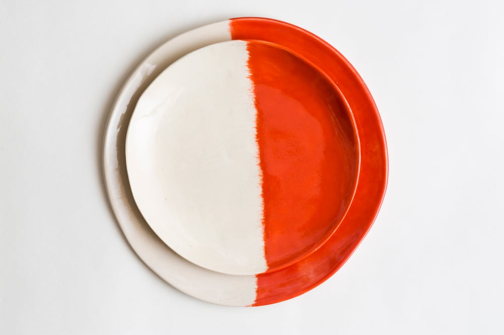 Image of Coral Orange Ceramic Dinner & Salad Plate Set