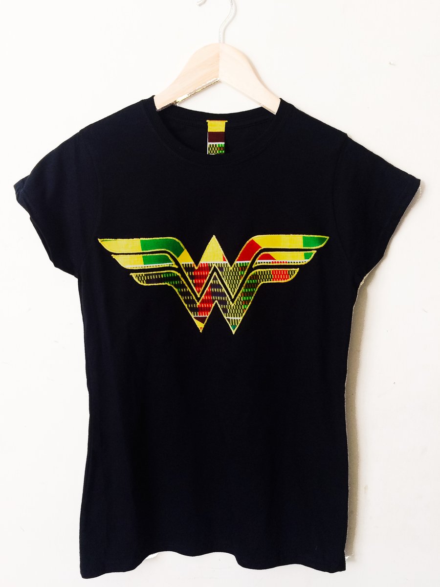 Image of Afro Wonder Woman Tee shirt with Kente hand crafted applique