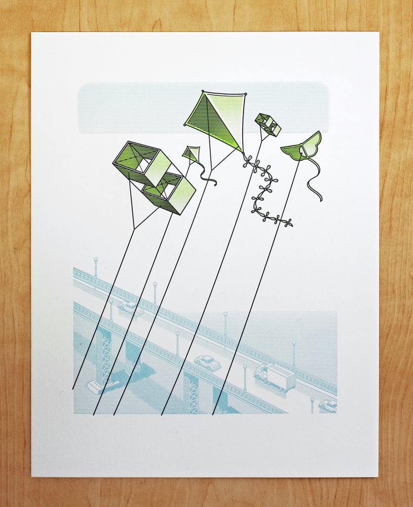 Image of KITES FLYING OVER BRIDGE Print