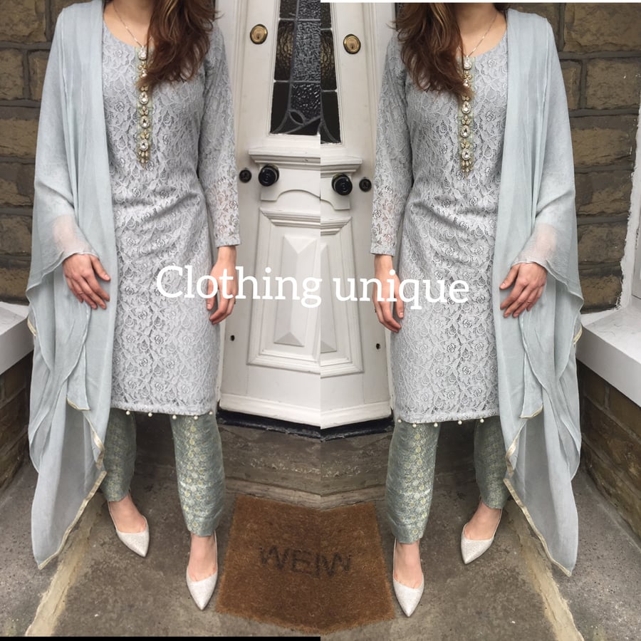 Image of Silver grey lace net suit