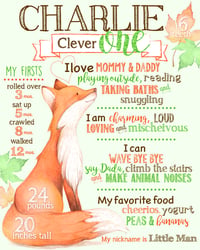 Clever Fox Birthday Poster- boy, birthday, keepsake, poster, chalkboard, woodland, green, orange