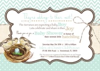 Growing Nest Baby Shower Invitation- baby birds, robins egg blue, burlap, chocolate, burlap, baby