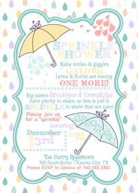 Image 1 of Raindrops Baby Sprinkle Invitation- new baby, siblings, shower, umbrellas, lavender, teal, yellow