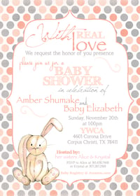 Image 1 of Velveteen Rabbit inspired Baby Shower Invitation- baby, shower, sprinkle, bunny, peach, gray, velvet