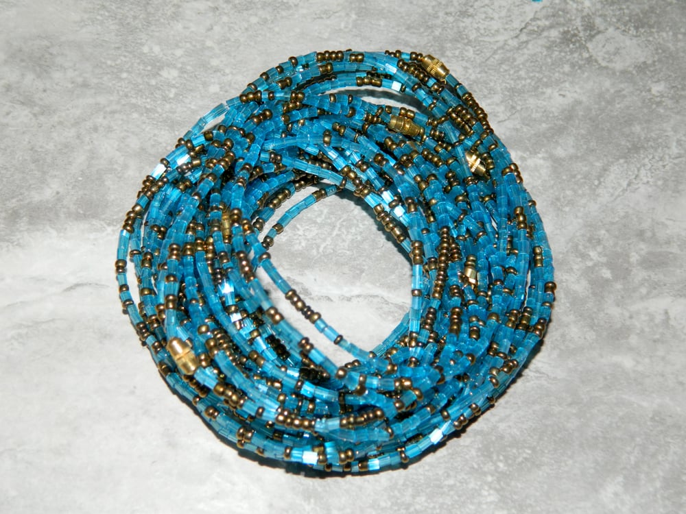 Image of Sky blue and gold jewel waist bead