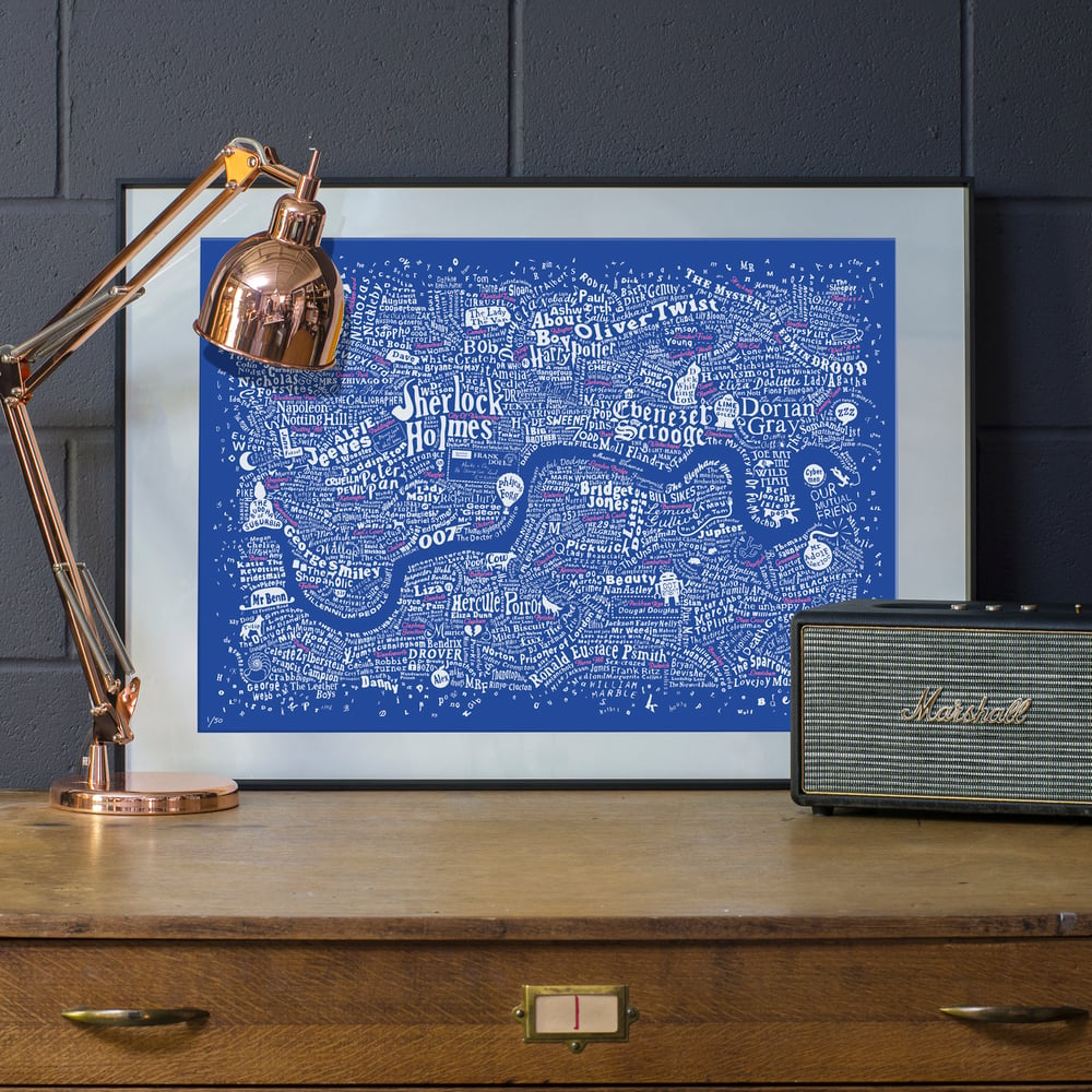 Literary London Map (White & Pink on Royal Blue Plike)