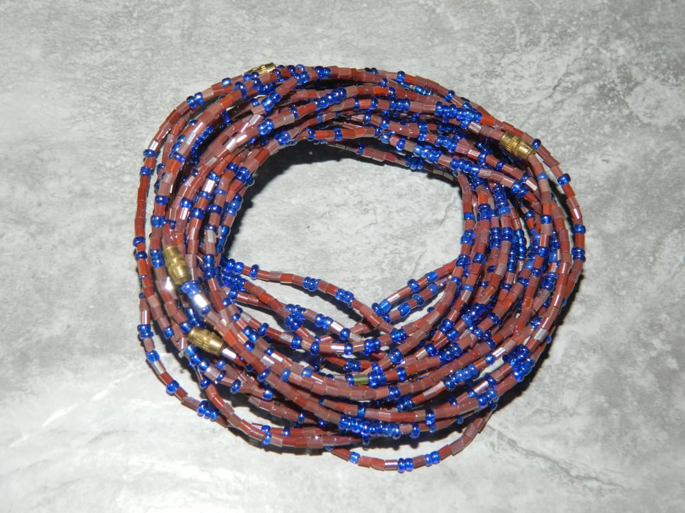 Image of Maroon and blue glass waist bead