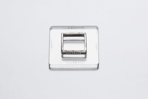 Image of polished  silver square ring with inscription in Latin