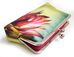 Image of Astrantia pink flower, printed silk clutch bag + chain handle