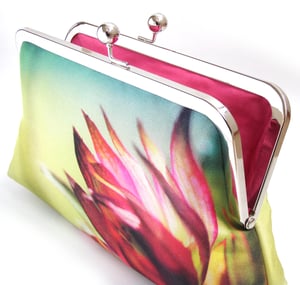 Image of Astrantia pink flower, printed silk clutch bag + chain handle