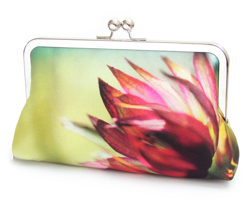 Image of Astrantia pink flower, printed silk clutch bag + chain handle