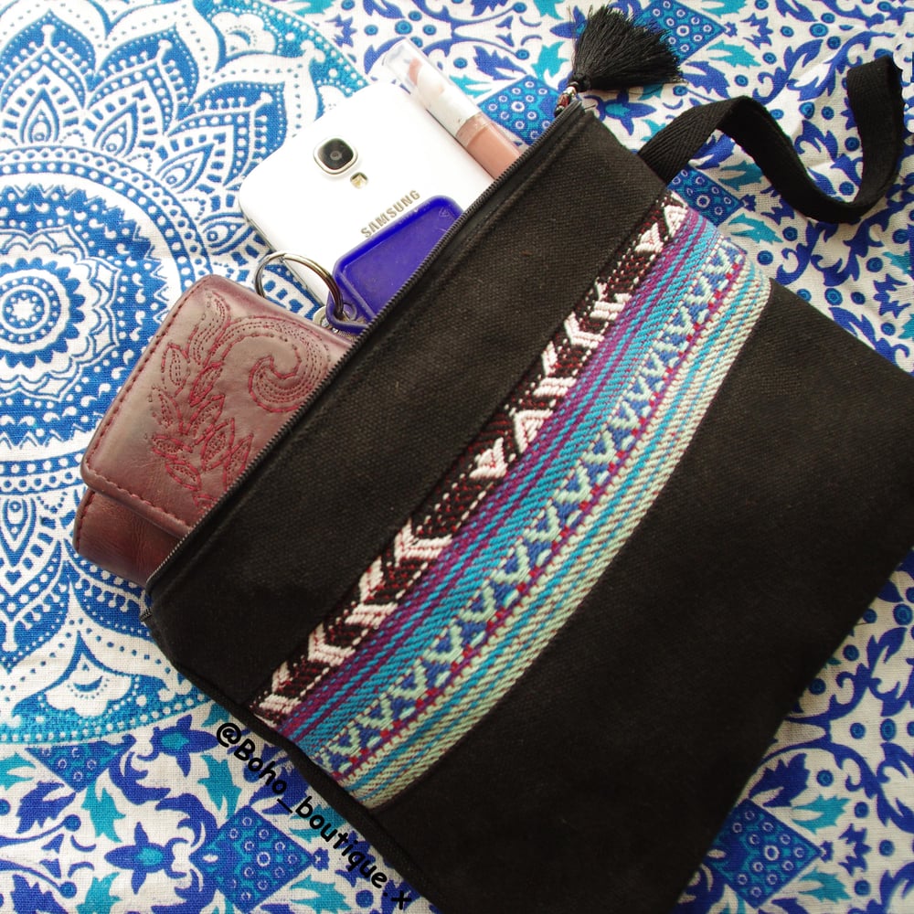 Image of Pre-order Handmade Blue and Black Boho Clutch