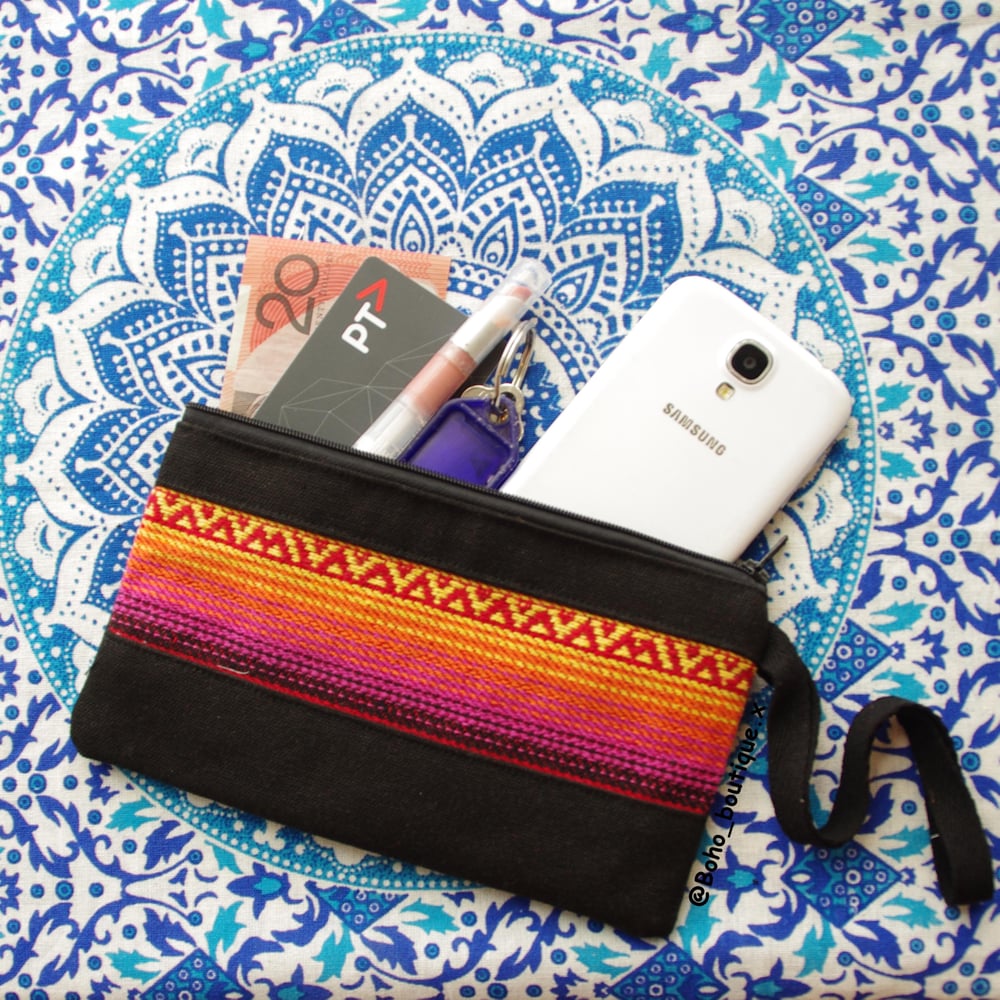 Image of Pre-order Small Handmade Orange and Black Boho Clutch