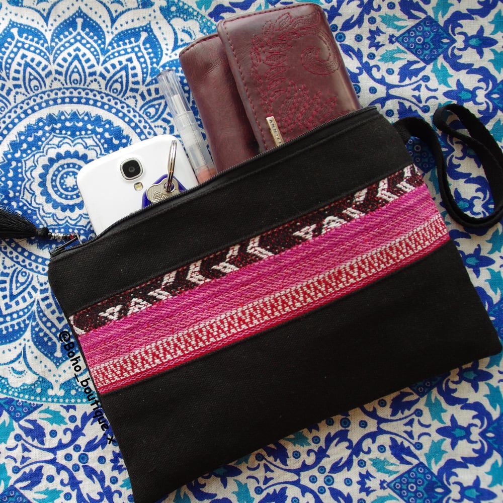 Image of Pre-order Handmade Pink and Black Boho Clutch