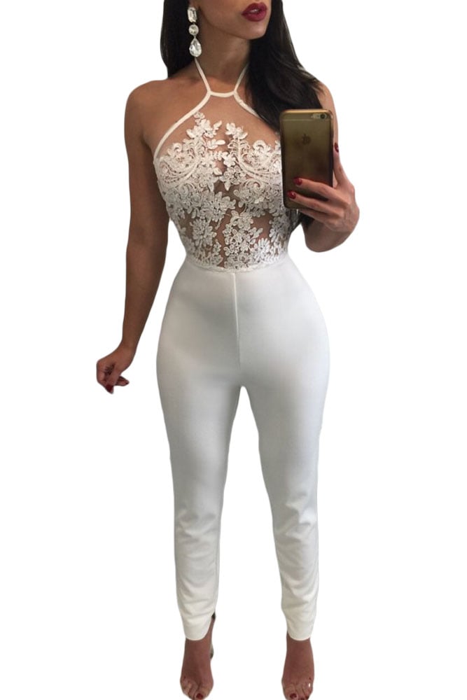 Image of White Sheer Lace Top Halter Party jumpsuit