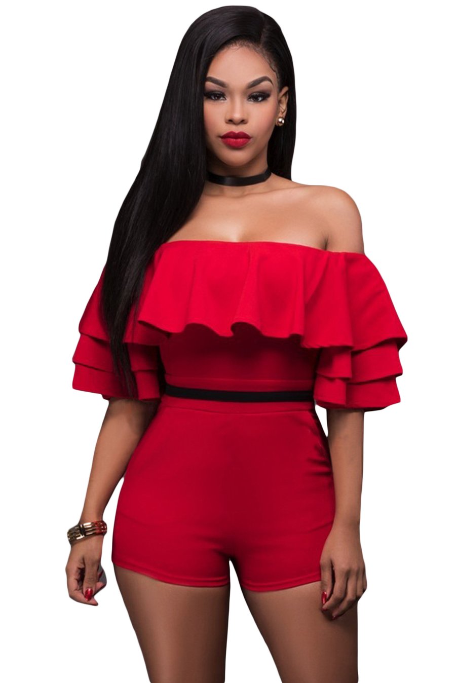 Image of Red Ruffle Off Shoulder Party Romper