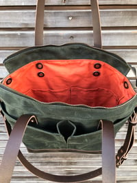 Image 5 of Forest green waxed canvas tote bag / office bag with leather bottom and cross body strap