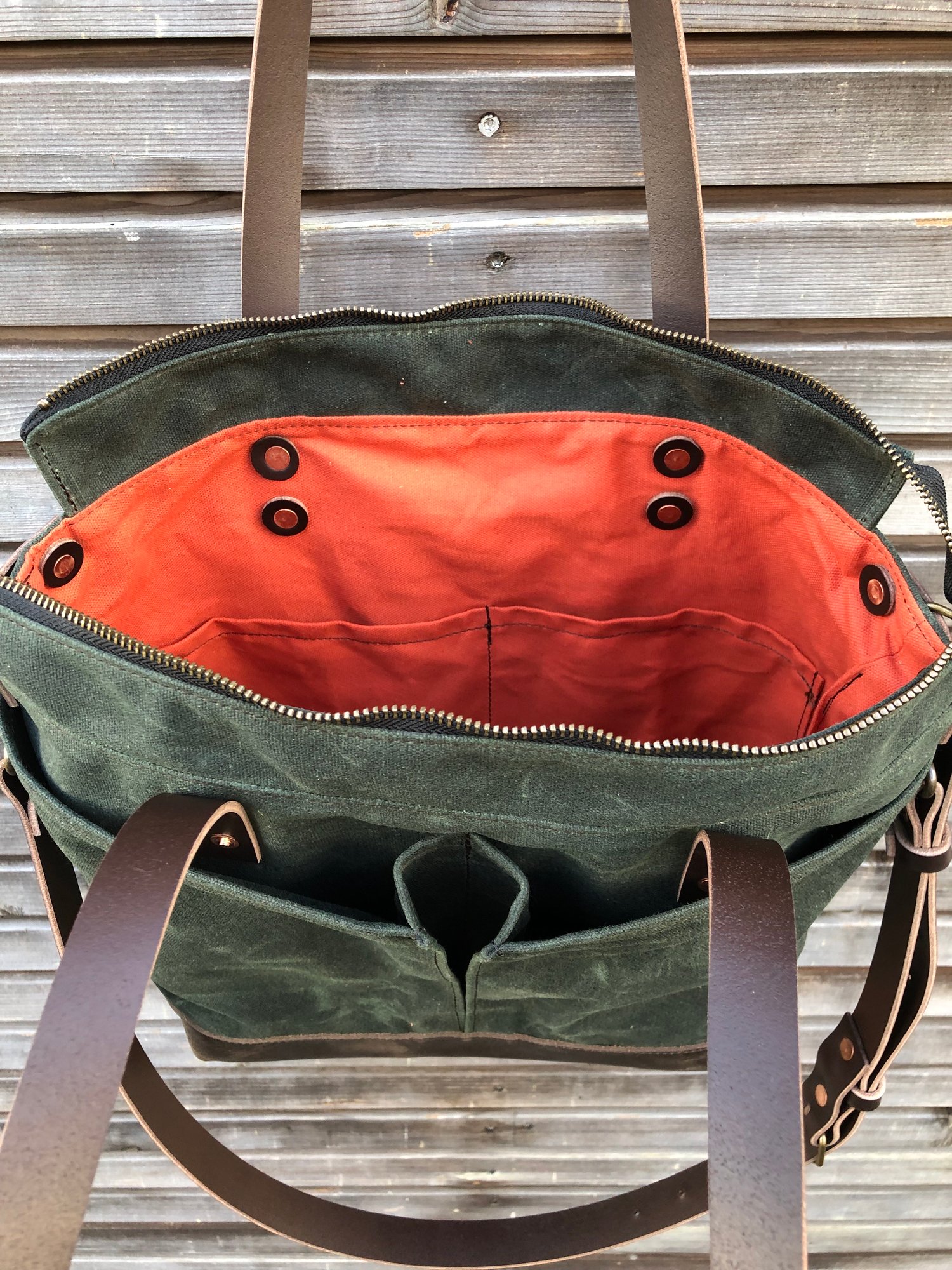 Image of Forest green waxed canvas tote bag / office bag with leather bottom and cross body strap
