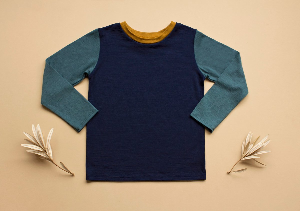 Image of Navy merino top with dusty blue sleeves