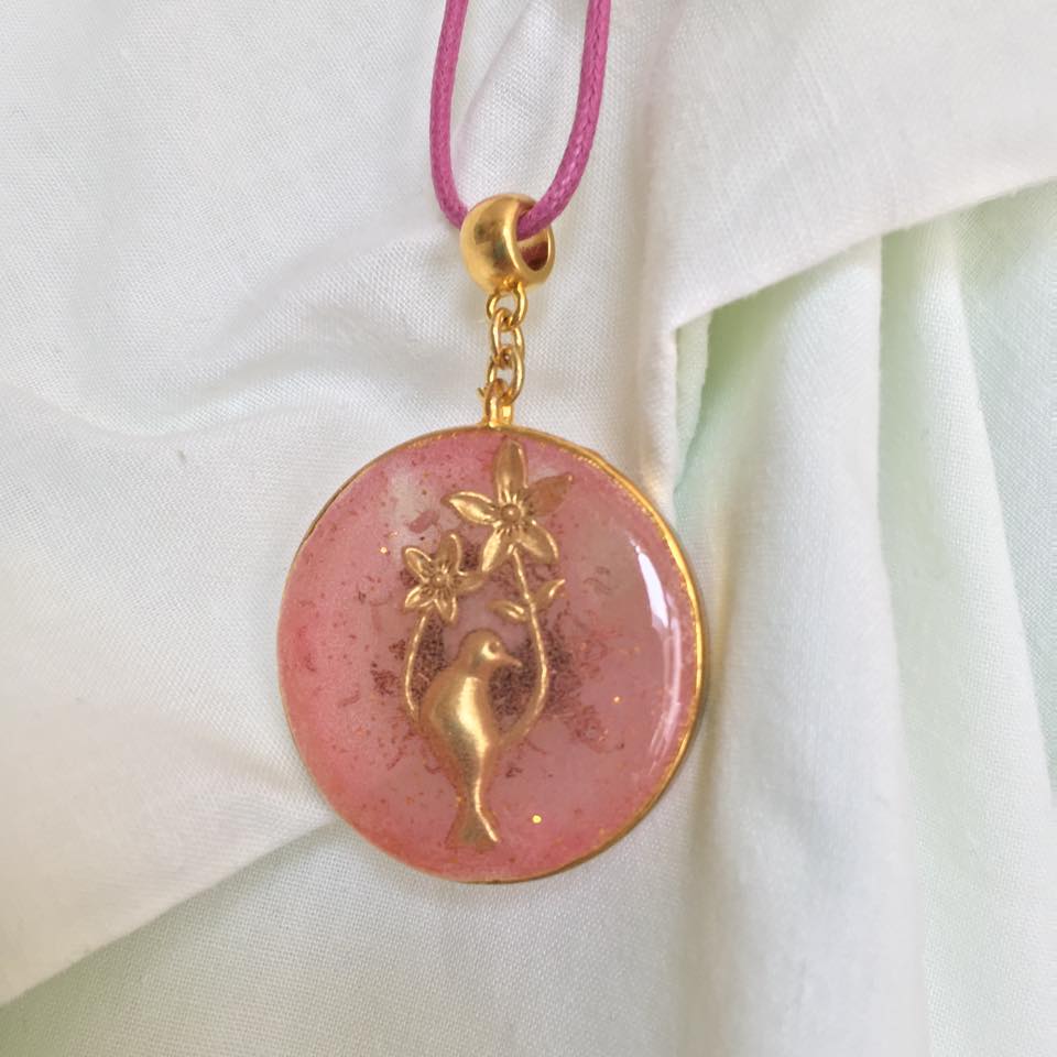 Image of Round Pink Pendant with Bird