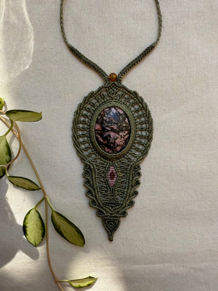 Image of Macrame necklace with Rhodonite stone 