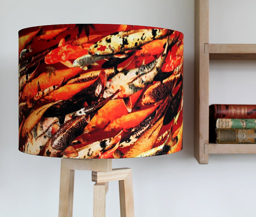 Image of 'Koi on Crimson' Drum Lampshade by Lily Greenwood (30cm, Table Lamp or Ceiling)