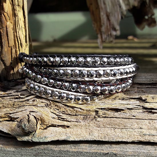 Image of Hematite Silver Beads on Leather Single Wrap Bracelet