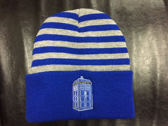 Image of Police Box embroidered striped knit beanie