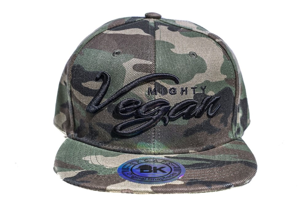 Image of MVA BLACK CURSIVE 3D EMBROIDERY on CAMO SNAPBACK HAT