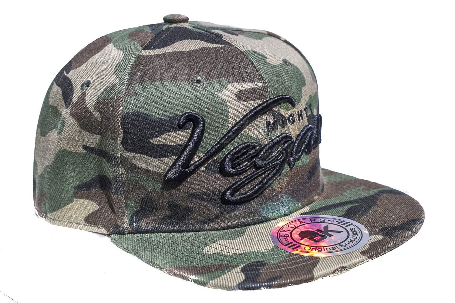 Image of MVA BLACK CURSIVE 3D EMBROIDERY on CAMO SNAPBACK HAT